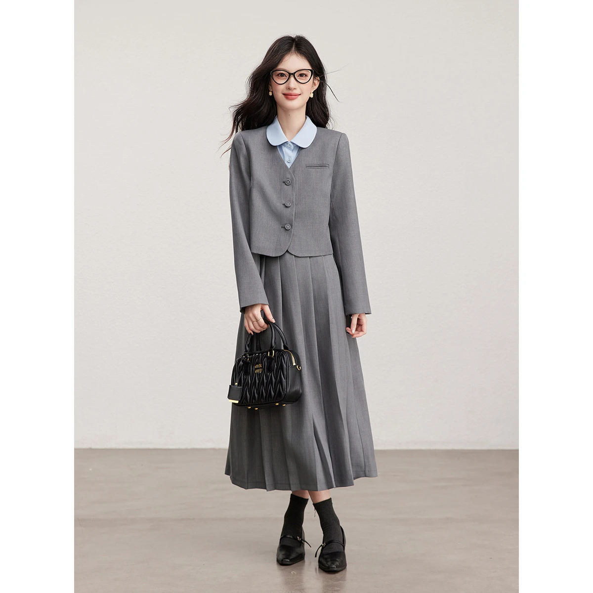 VIMLY Preppy Grey Two-piece Set Women Autumn 2026 New V-neck Long Sleeve Coat Long Pleated Skirt Fashion Matching Outfit M5356