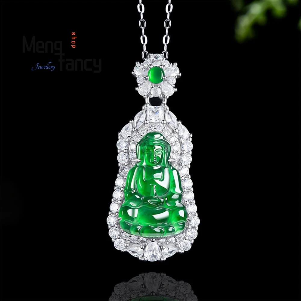 

High-grade Natural A-goods Jadeite Yang Green Small Guanyin Ice Jade S925 Silver Inlaid Pendant Buddhist Amulets Luxury Jewelry