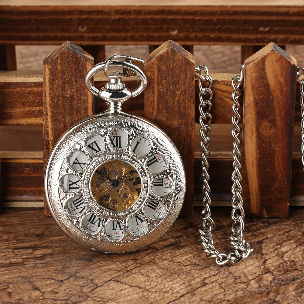 Transparent Hollow Roman Numerals Display Mechanical Pocket Watch Hand-Winding Luxury Vintage Pendant Chain Clock Gift Male
