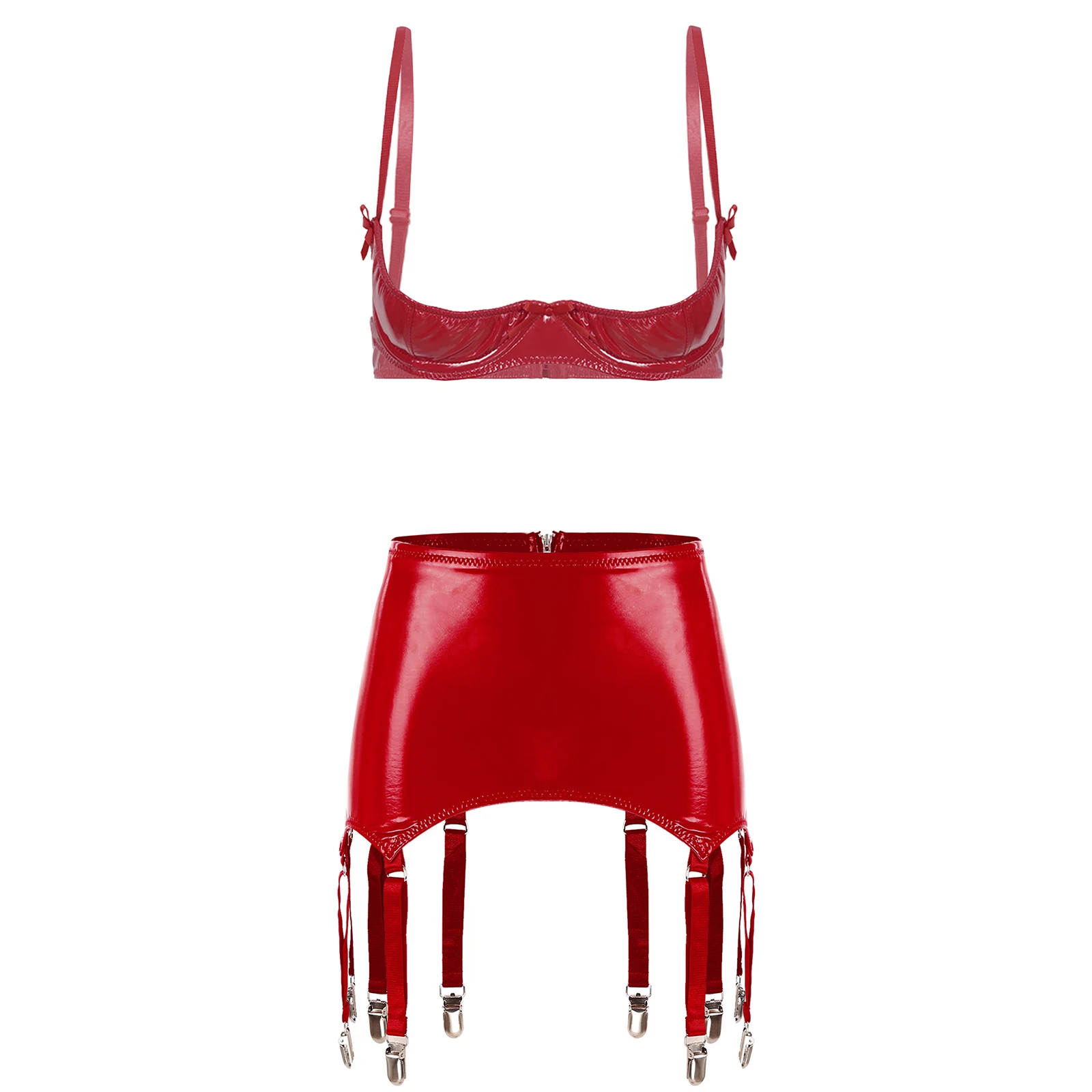 

Womens Wet Look PU Leather Latex Lingerie Set 1/4 Cup Push-up Underwire Bra Top And Bodycon Miniskirt with Garter Clips Clubwear