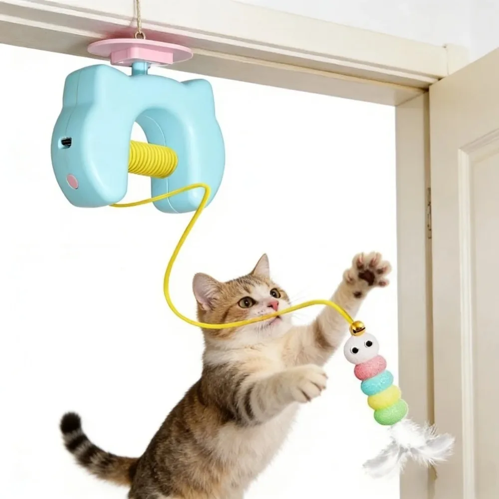 Juguete eléctrico para gatos con cuerdas, juguete interactivo con plumas y columpio automático para gatitos, juguete interactivo de oruga para gatos para jugar solos