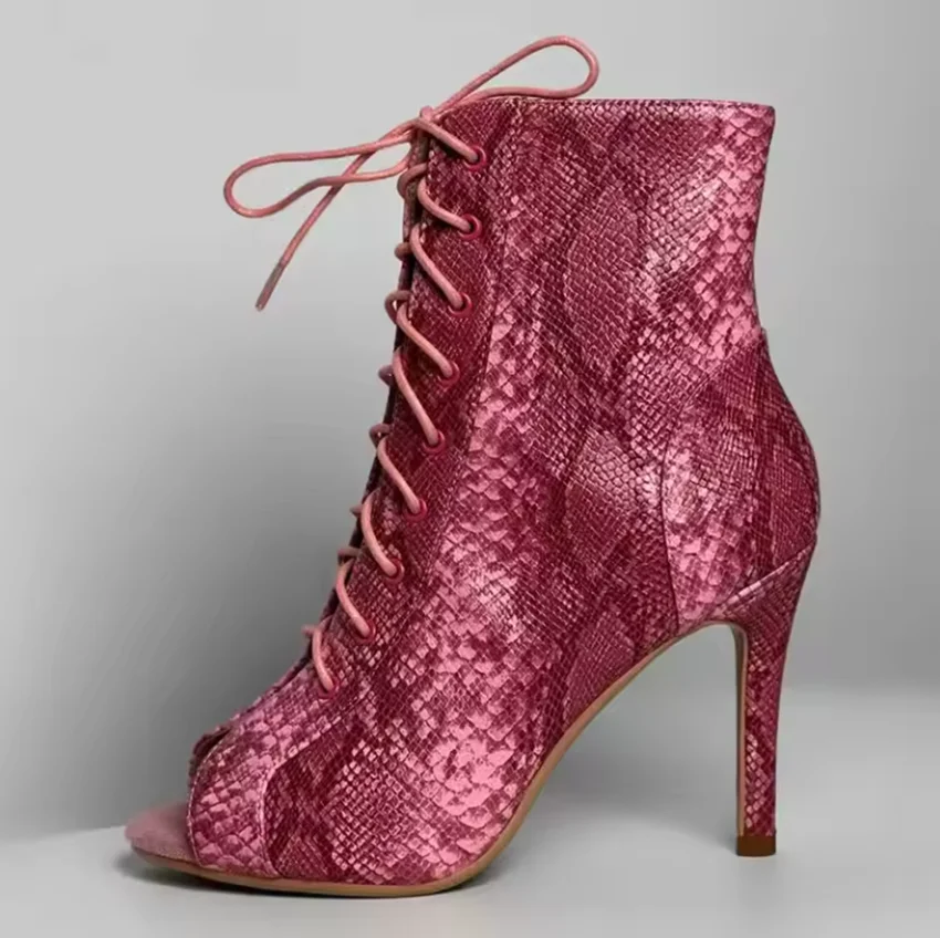

Women's Front-Laced Open-Toe Stiletto Heel Ankle Boots Pink Cutout Round-Toe Fish Mouth High-Heel New Sandals