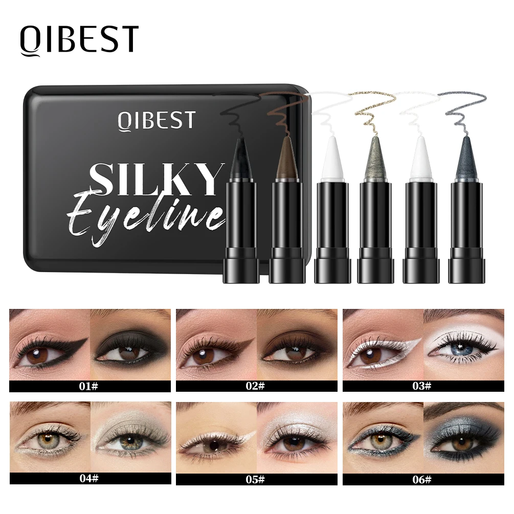 QIBEST 6 Colors Matte Eyeliner Sets Quick Dry Eyeliner Waterproof Sweatproof Single-Ended Intense Eyeliner White Black Eyeshadow