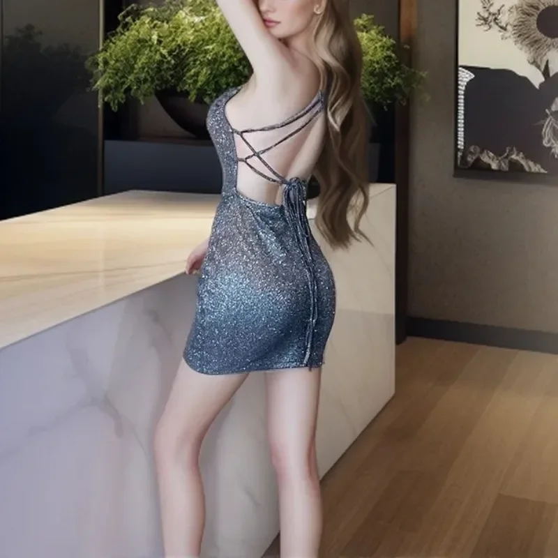 

Sexy Sequin Suspender Cross Backless Suspenders Sleeveless Women's Nightclub Dress Elegant Charming Beautiful Mini Dress