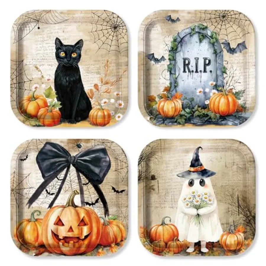 

60pcs Halloween Retro Square Paper Disposable Dinner Dessert Plates Set with Ghost Bow Spiderweb Black Cat Pumpkin Design for V