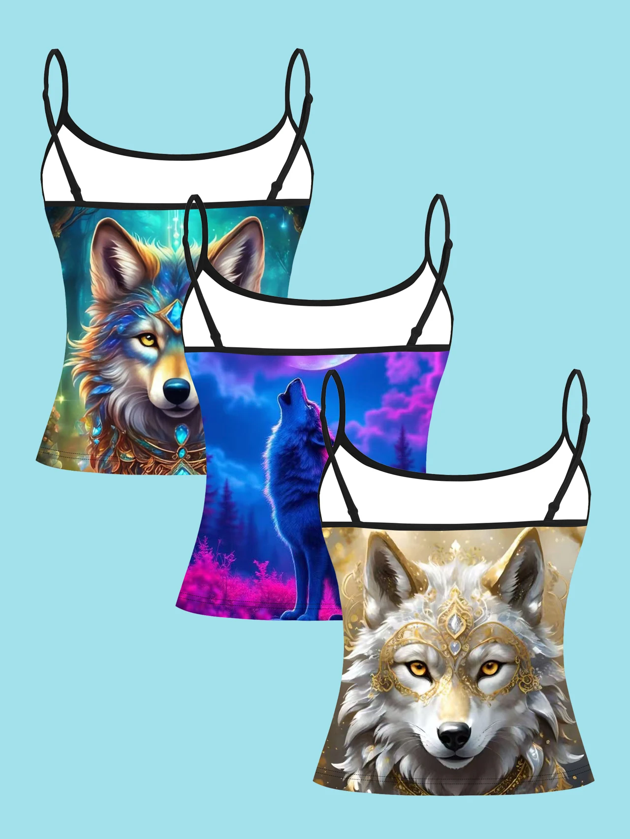 3-Piece Set of Fantasy Gemstone Wolf Howling Moon All-Over Print Thin Camisole, Gold Mask Blue-Purple Forest Wolf Full-Body Print Slim-Fit Sleeveless Top, Dreamy and Beautiful Inner Wear and Outerwear Base Shirt