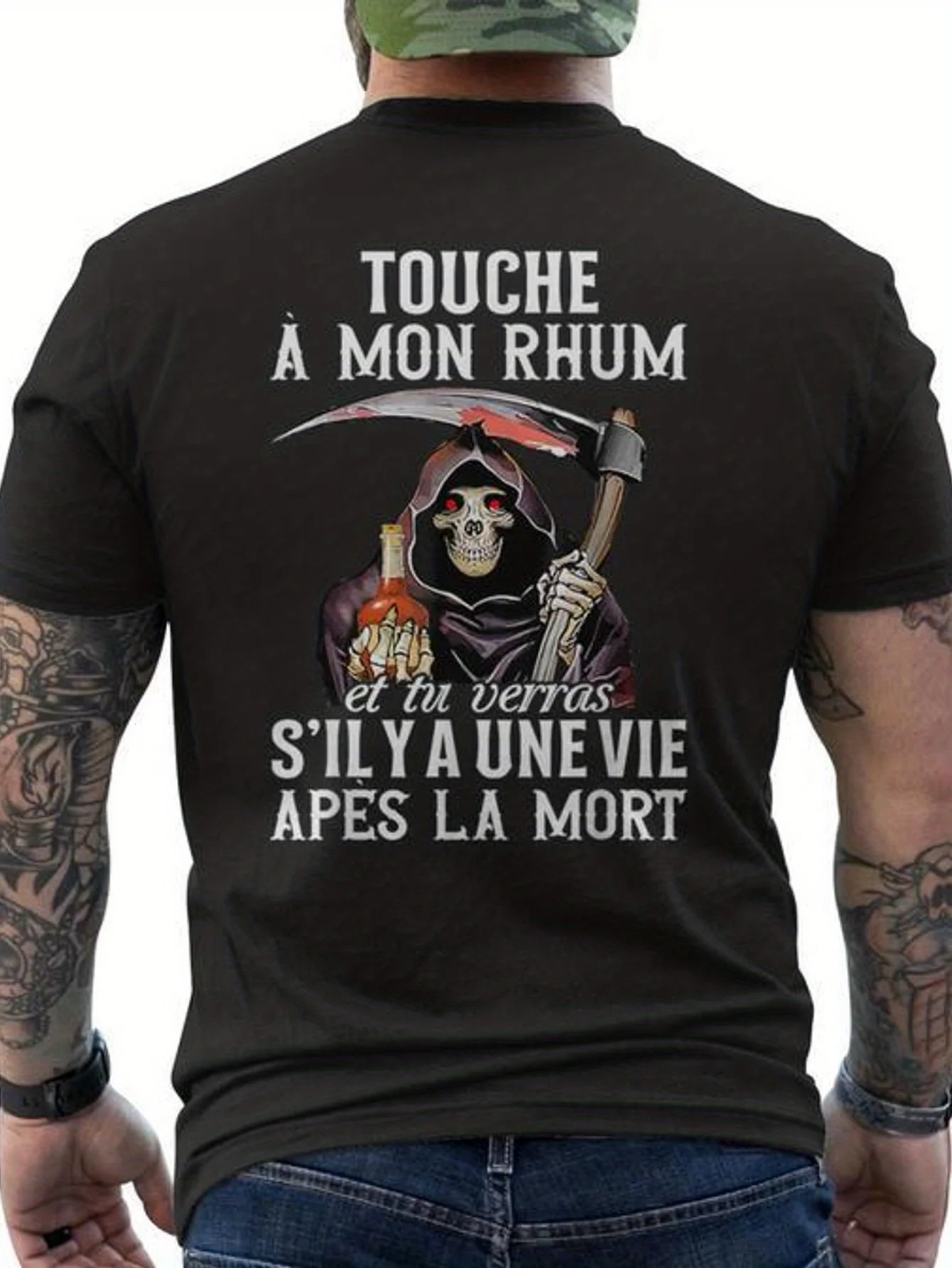 T-shirt humoristique Touche A Mon Rhum pour hommes - Fond noir avec impression blanche de motif rhum et citron vert - Slogan français My
