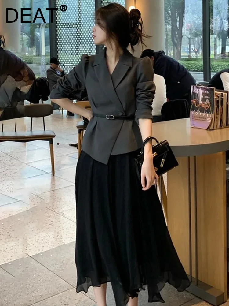 

DEAT Elegant 2 Pcs Set Irregularity Belt Blazer Elastic Waist Pleated Skirt Women's Office Lady Suit 2024 Summer New Tide 35Z693