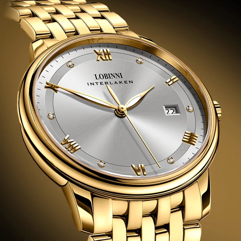 LOBINNI Men's Japan MIYOTA Automatic Mechanical Watch Luxury Sapphire 50M Waterproof 18K Gold Plating Auto Date Clock L19007