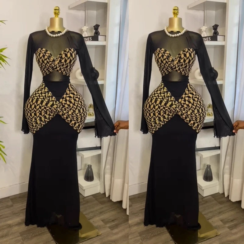 2025 herbst Mode Frauen Maxi Kleid Gedruckt Schwarz Mesh Patchwork Langarm Bodycon Geraffte Sexy Geburtstag Abend Party Kleider