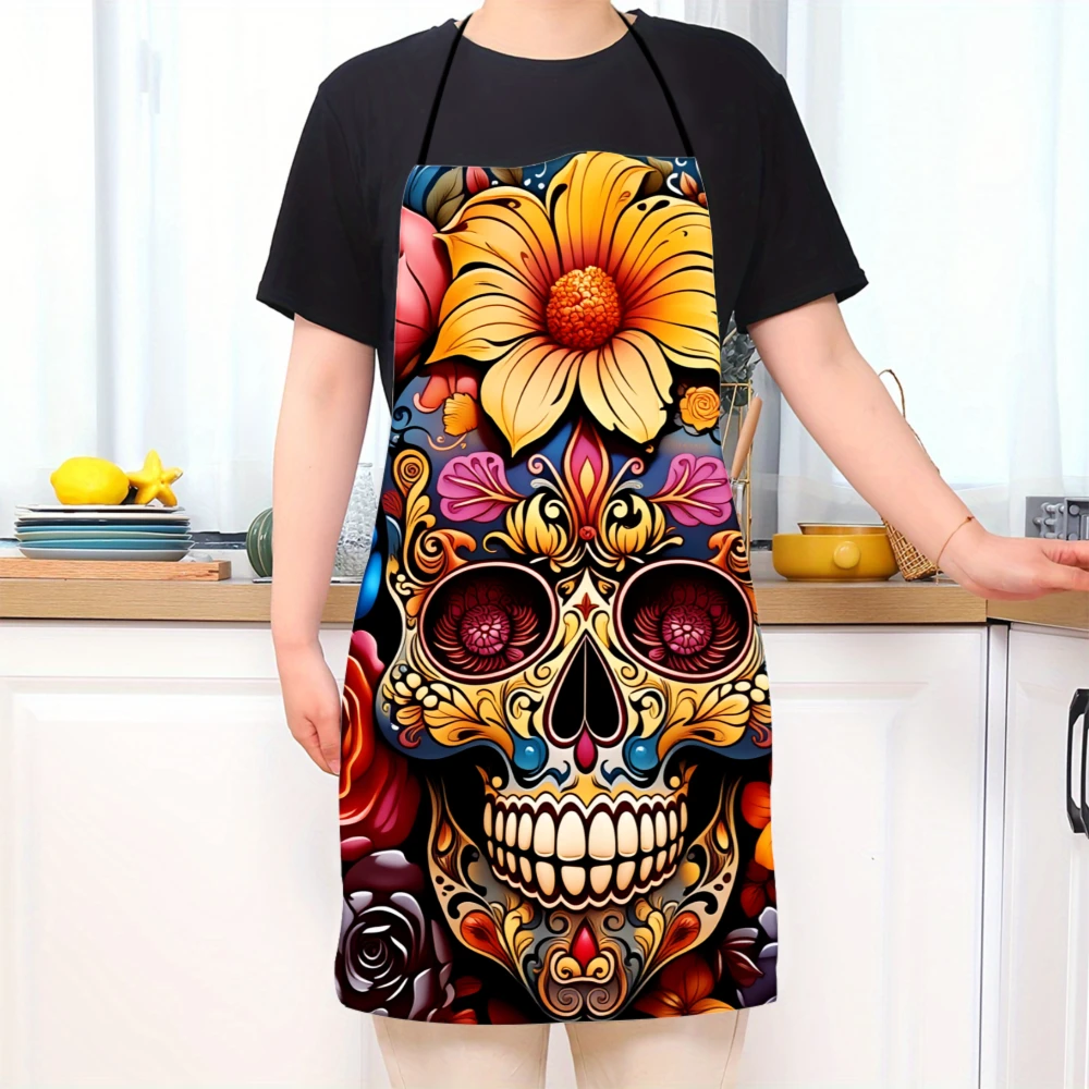 Day Of The Dead Sugar Skull Apron With Colorful Flowers And Mexican Art Design For Cooking And Baking