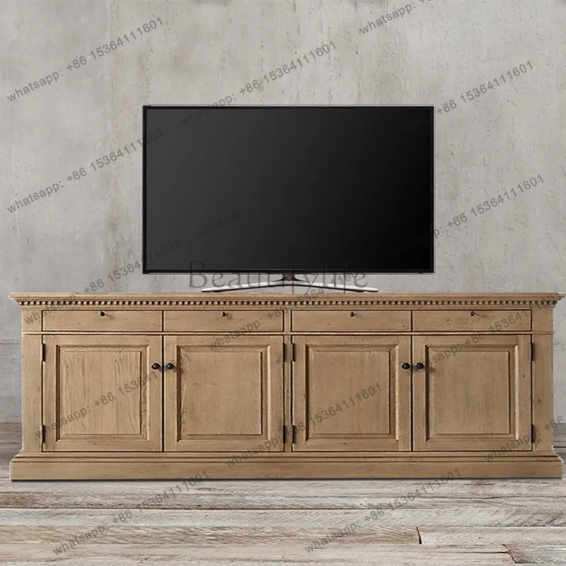 

American solid wood retro dining side cabinet log mortise and tenon four-door engraved TV cabinet