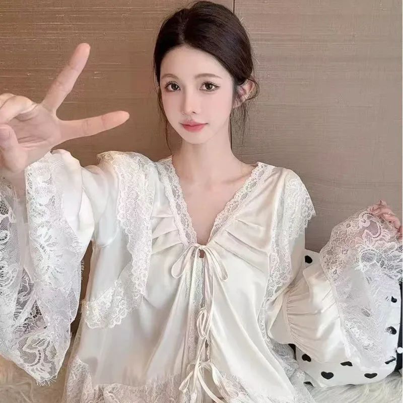 26 Spring Summer Fairy Pajamas Ice Silk Thin Long-sleeve Pants Women Girl 2piece Set With Ties Nightgown Sleepwear Homewear
