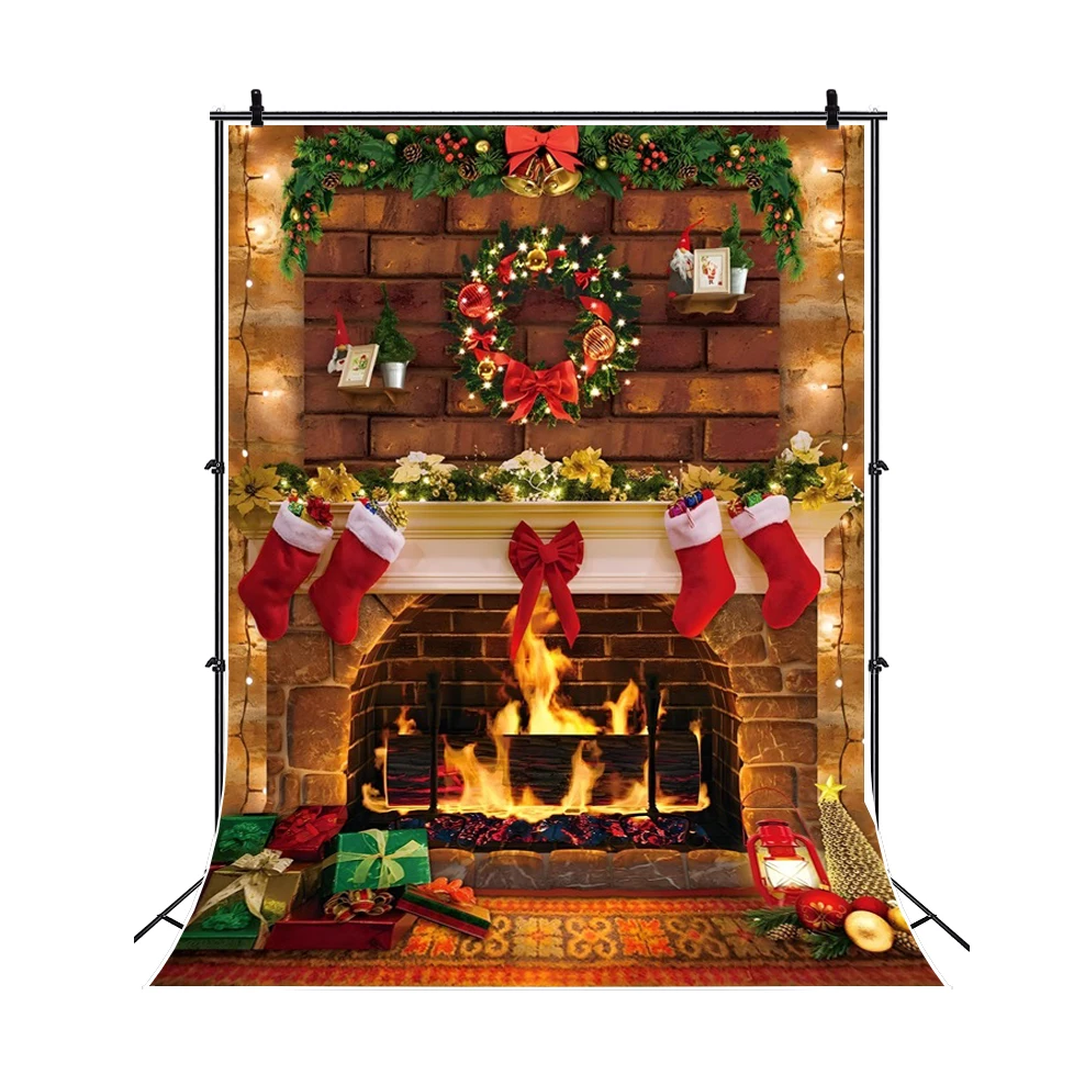 Winter Christmas Photography Backdrop Wooden Board Floor Xmas Tree Fireplace Gift  Santa Claus Family Party Photo Background