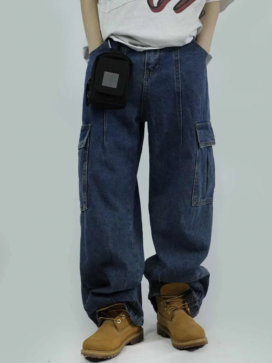 

Американские винтажные джинсы свободного кроя с широкими штанинами, повседневные рабочие джинсовые брюки, модные весенне-осенние комбинезоны большого размера