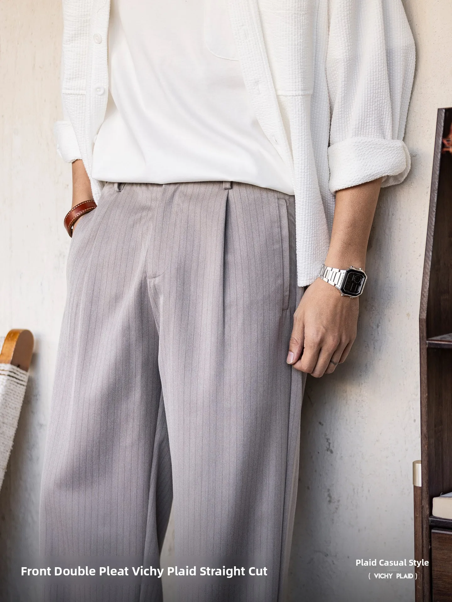 Italian Style Men's Grey Plaid Straight Leg Casual Pants Autumn Large Size Drapey Commute Business Versatile Long Trousers