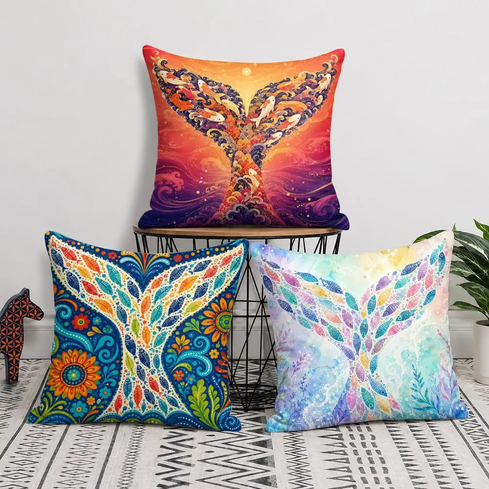 Coastal Art Whale Tail & Fish Cushion Cover Short Plush Soft Double-Sided Printing Pillow Case Cozy Sofa Bedroom Home Decor Gift