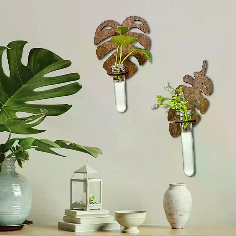 Leaf Shape Wooden Wall Hanging Planter Monstera Hydroponic Test Tube Vase Indoor Propagation Station For Home Decoration