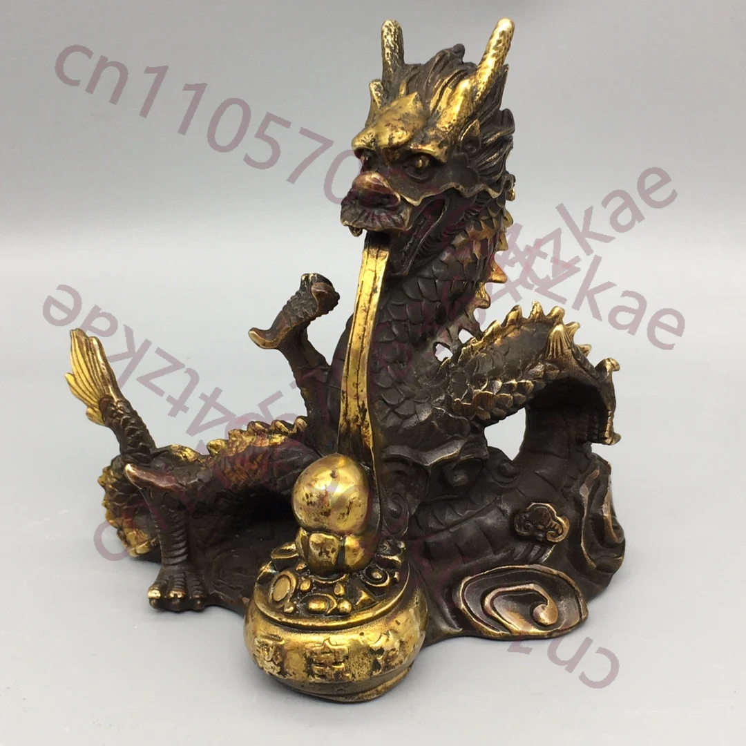 

Chinese Folk Collection Old Pure copper Gilded Treasure Pot Dragon Ornament Collection- Handcrafted Artifacts for Home Decor