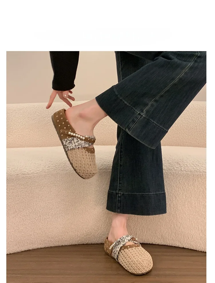 Atmungsaktive Mesh-Halbpantoffeln für Damen, Französische Polka-Dot-Perlen-Slip-On-Slides, Weiche Sohle, Geschlossene Zehenpartie, Geeignet für Breite Füße – Detail 13