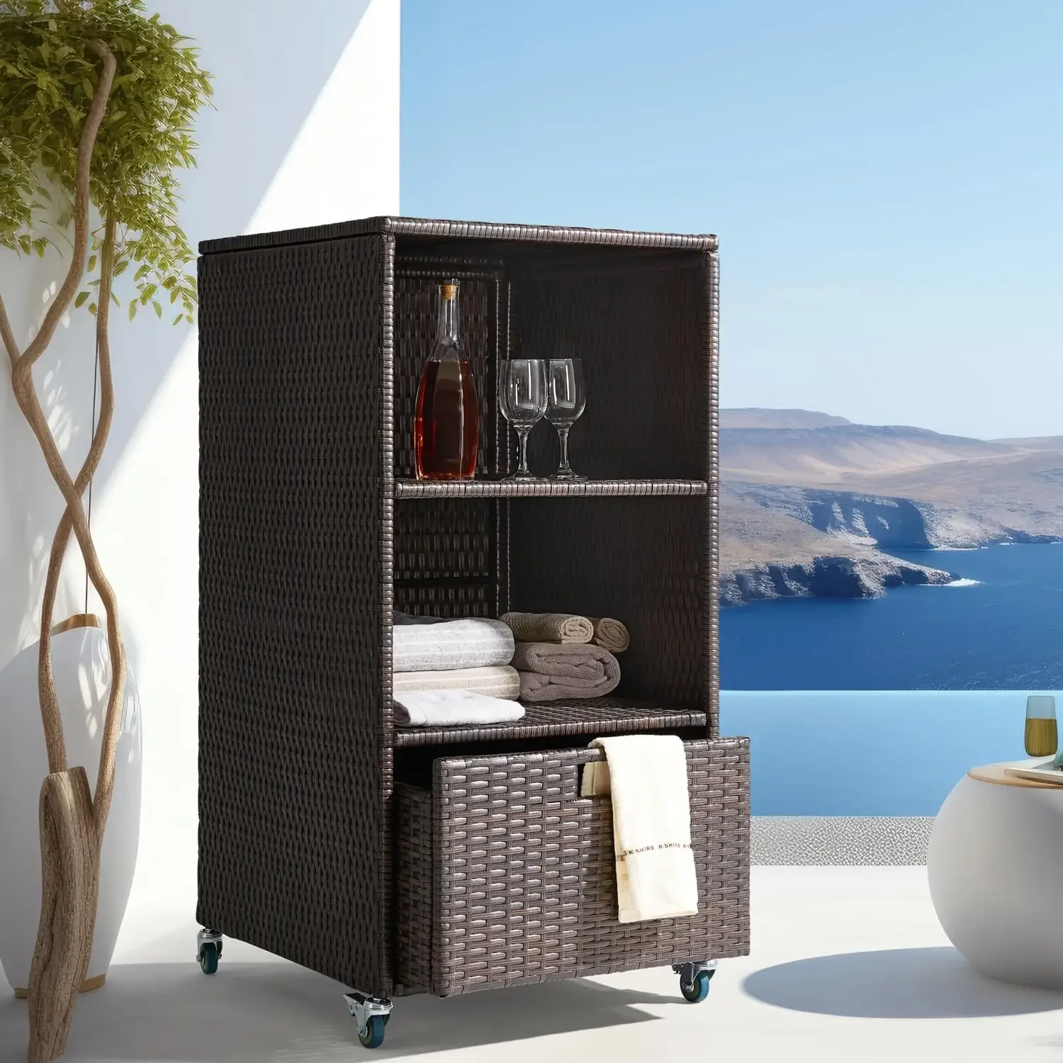 [High-Quality, Hot Deal!]Outdoor Pool Towel Storage Cabinet Organizer Towel Valet Rack with Storage Shelves & Drawer Patio Wicke