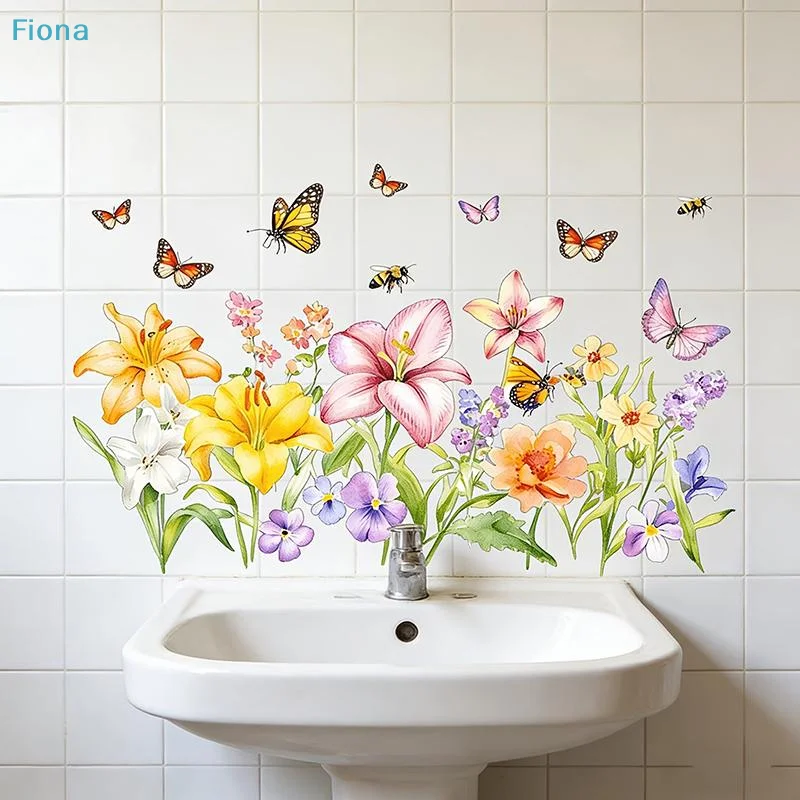 ✔Flower Wall Sticker Removable Self-Adhesive Bathroom Sticker Kitchen Sink Backsplash Decoration Tiles Sticker