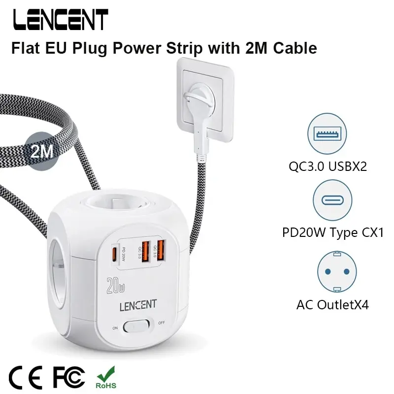 LENCENT-cubo plano de tira de alimentación para el hogar, enchufe de la UE con 4 salidas de CA, 2 USB QC3.0, 1 Tipo C PD20W, carga rápida, Cable trenzado de 2M/3M