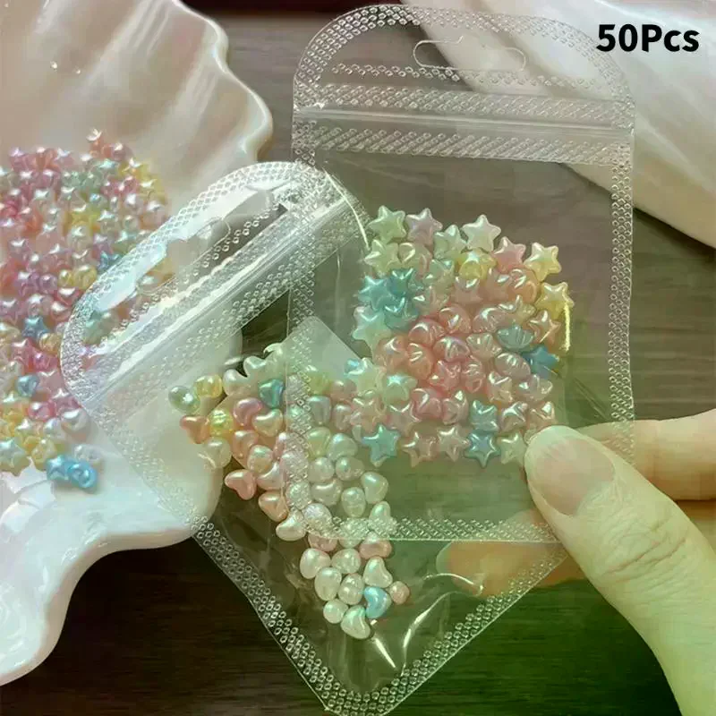 /ACR/Kawaii Star Heart Nail Rhinestones 3D Pearlescent Colorful Peach Heart Star Nail Charms Cute Nail Decoration 50Pcs