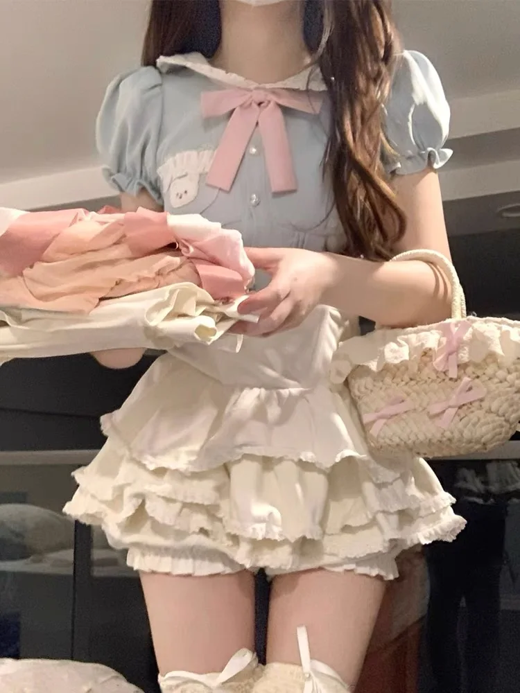 

Puffy Sleeve Set Skirt Women's Summer Fashion Two-Piece Set Sweet School Girl Style Cake Skirt Cute Small Size Dopaamine Outfit