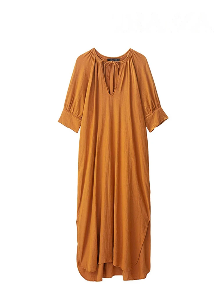 

HH Women's Summer Elegant Long Dress Solid Short Sleeve Bow Lace-Up Decoration Side Slit Female Fashion V-Neck Dresses