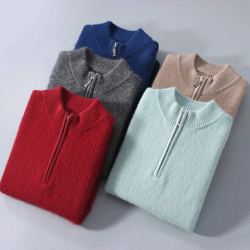 Autumn And Winter Mink Cashmere Sweater Men's Semi-High-Necked Zipper Long-Sleeved Business Casual Knit Bottoming Shirt