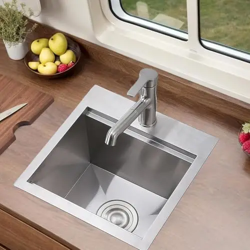 

15x15 Inch Stainless Steel Drop-In Bar Sink, 16 Gauge Single Bowl, 9 Inch Deep, Includes Drain Grid And Wooden Cutting Board