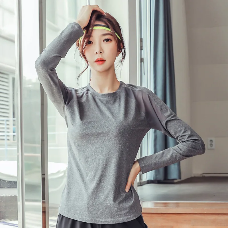 Spring Athletic Gray Women's Long Sleeve Running Top with Moisture Wicking Fabric Seamless Design for Tennis Gym Fitness