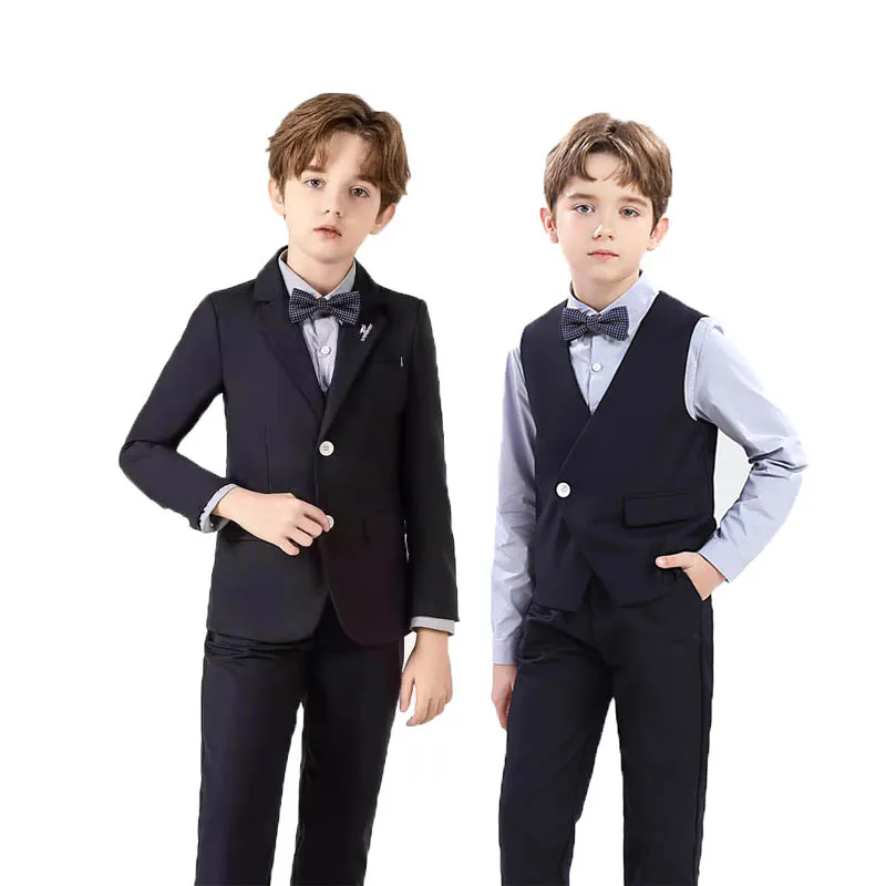 

Children Side Button 4Pieces Jacket Vest Pants Bowtie Photograph Suit Boys Fistival Birthday Dress Kids Host Performance Costume