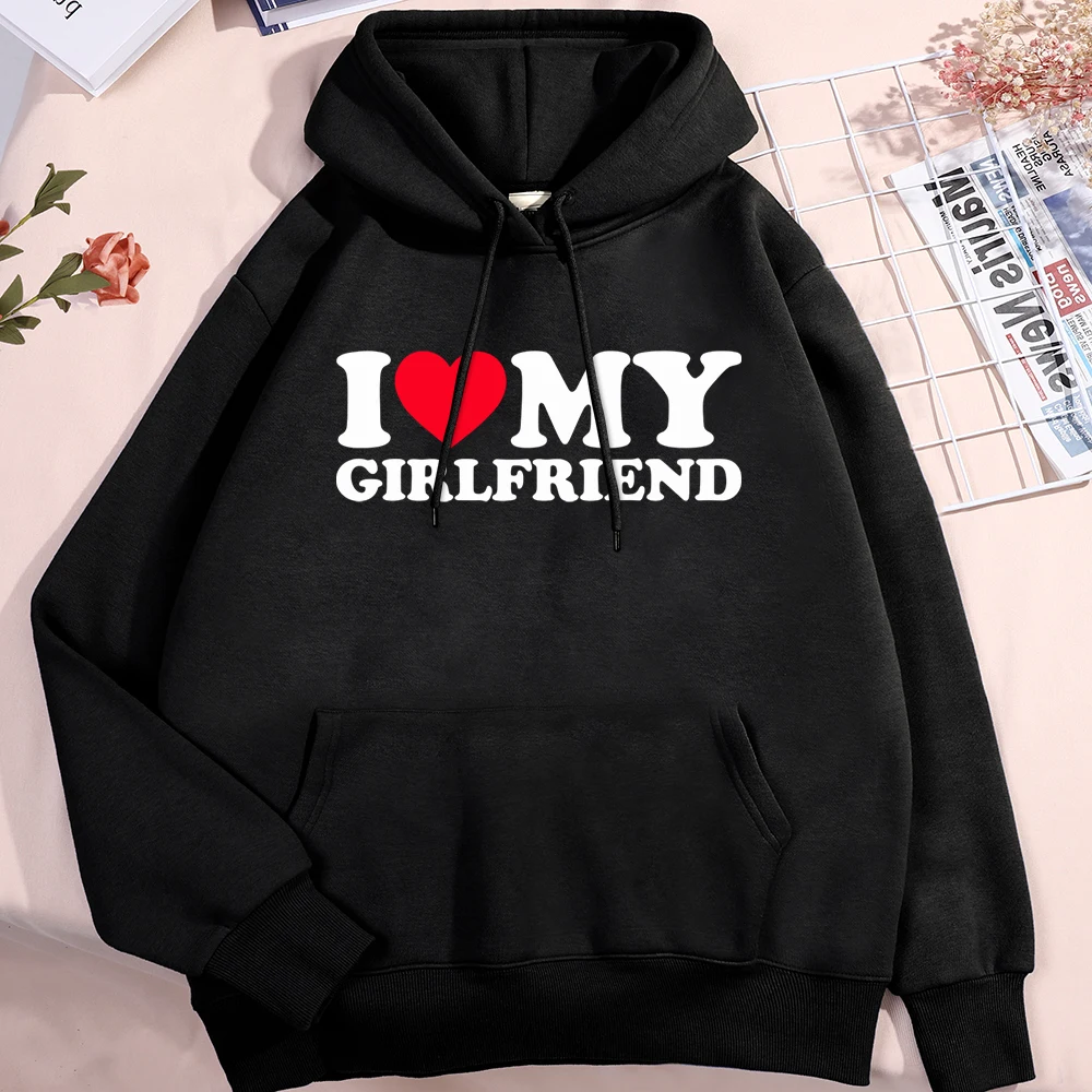 Sudadera con capucha con estampado de I Love My Girlfriend para hombre y mujer, con cuello redondo ropa holgada, abrigo con bolsillo, otoño