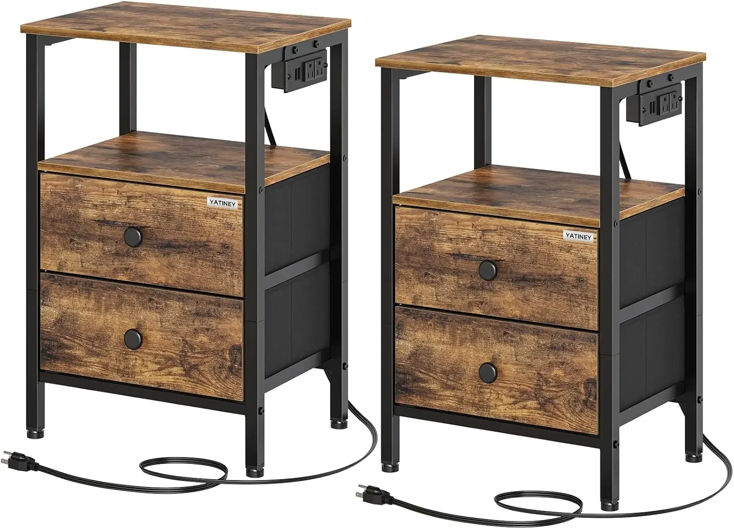 

Nightstand Set 2, End Tables with Charging Station, Coffee Table with 2 Non-Woven Drawers, Bed Side Table Bedroom ET02L2BR