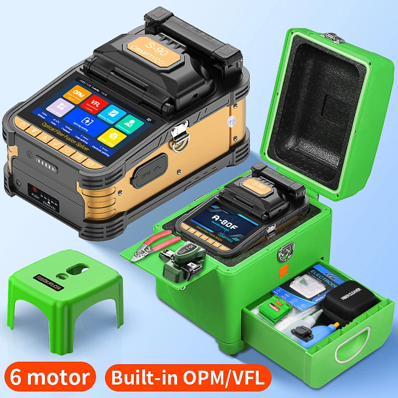 COMPTYCO 6 Motor S-90 Fully Automatic Fiber Fusion Splicer 10 Languages Touch Screen Fiber Optic Fusion Machine Built-in VFL OPM