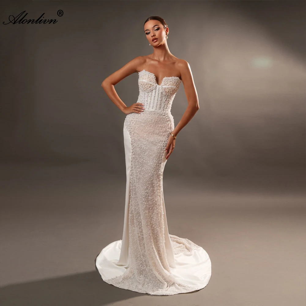 Alonlivn فستان زفاف فاخر مصنوع حسب الطلب من الدانتيل حورية البحر مطرز بالخرز مع زهور ثلاثية الأبعاد بدون أكتاف فساتين زفاف البوق