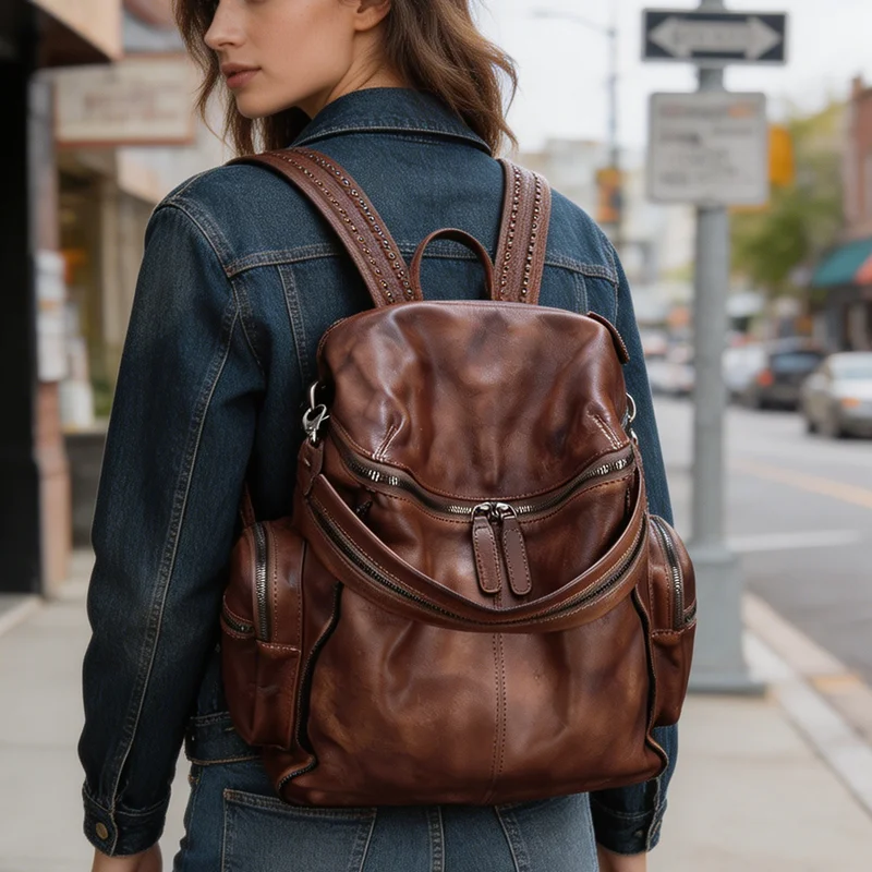 

2026 New Genuine Leather Women Backpack Large-capacity Rivet Travel Backpacks Ladies Schoolbag New European And American Vintage