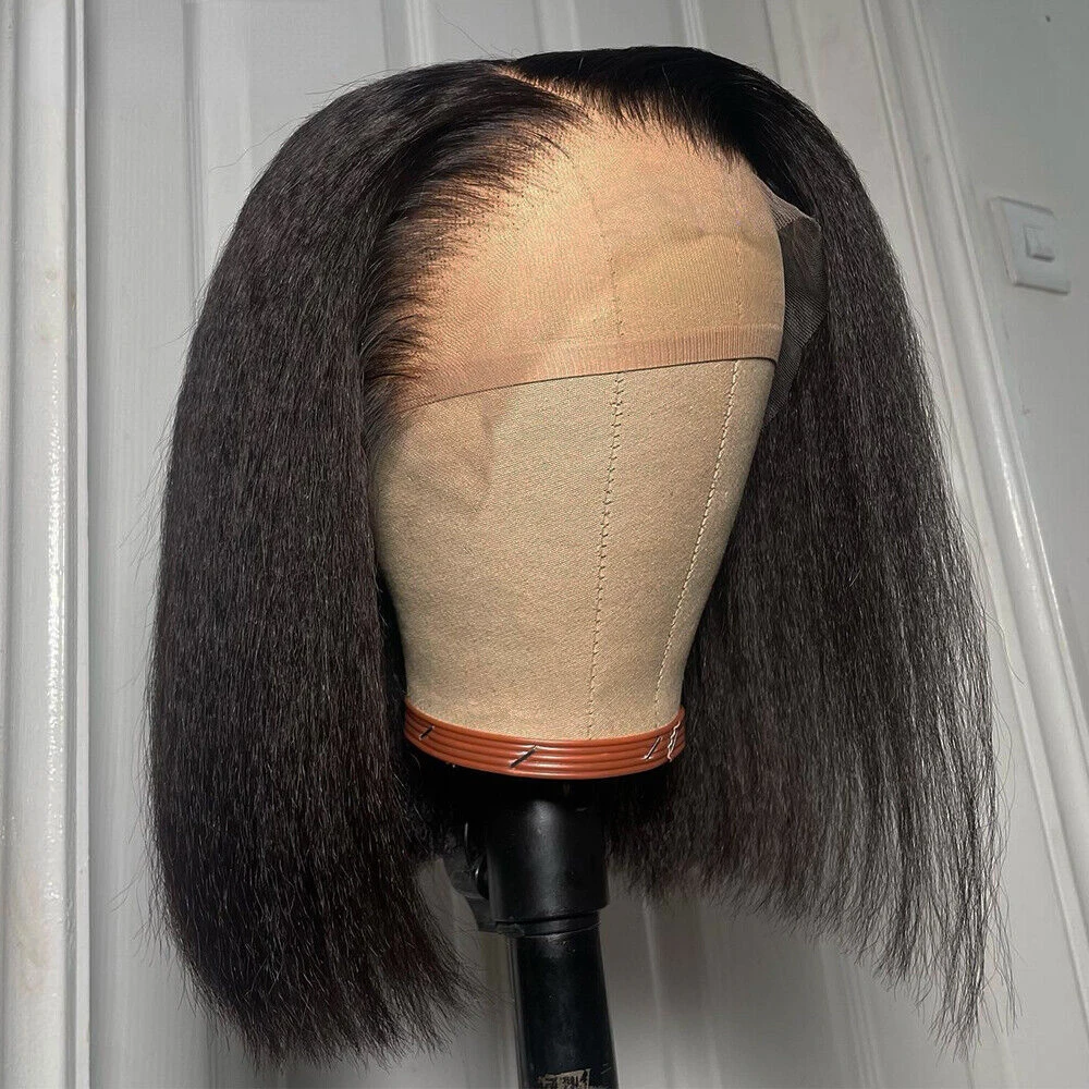 Short Kinky Straight 4x4 Lace Closure Wig Pre Plucked Natural Hairline Bob Yaki Straight Wig 13x4 Lace Frontal Human Hair Wigs