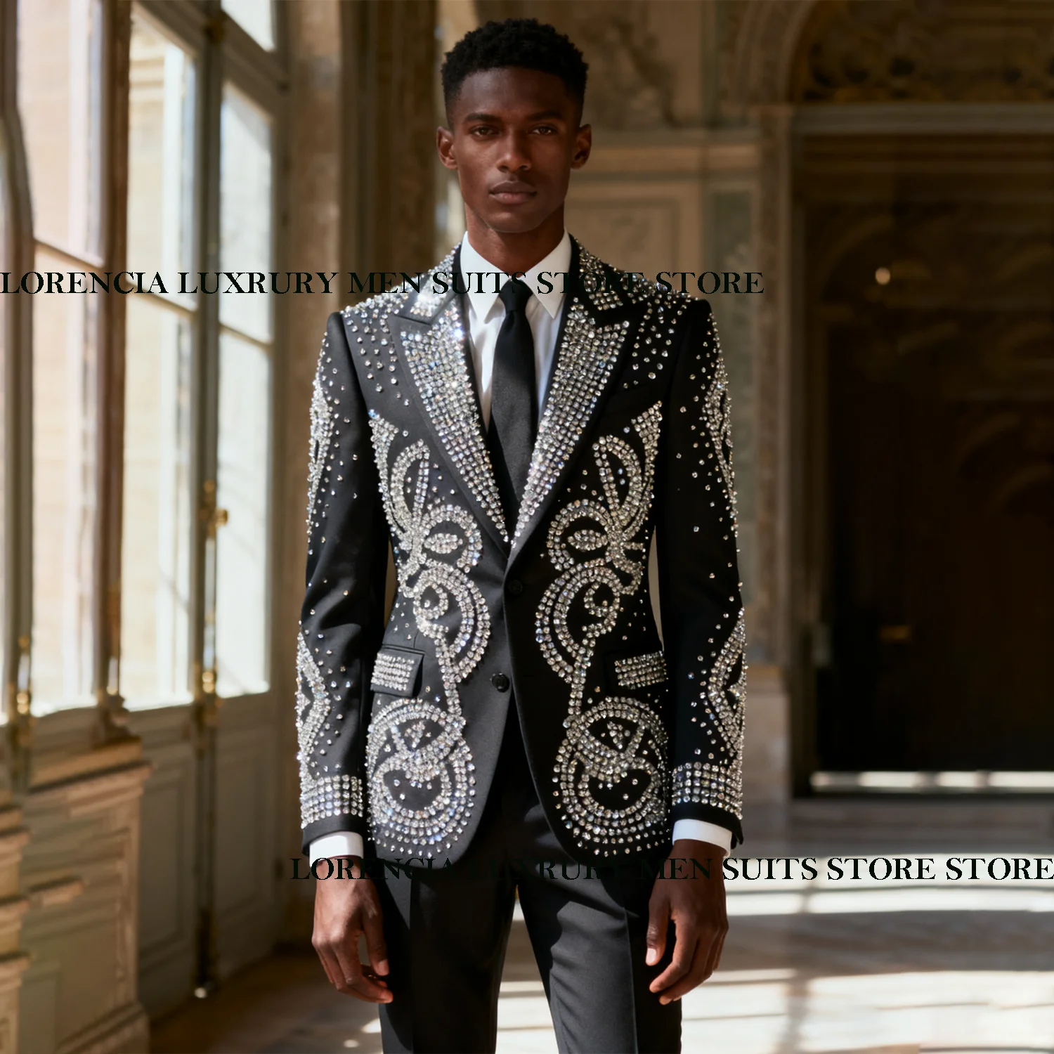 

African Luxury Crystals Diamond Men Suit Slim Groom Blazer Customized Wedding Male Ropa Hombre Formal 2Piece Sets Groom Tuxedos