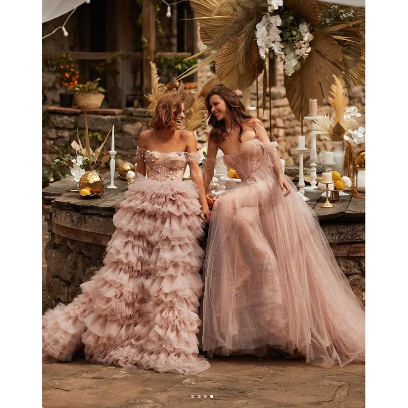 Robe de Rhen tulle à volants roses blush, appliques perlées, hors de l'événement initié, robes de soirée azole, robe à lacets pour les patients de plage, quelle que soit la 2024