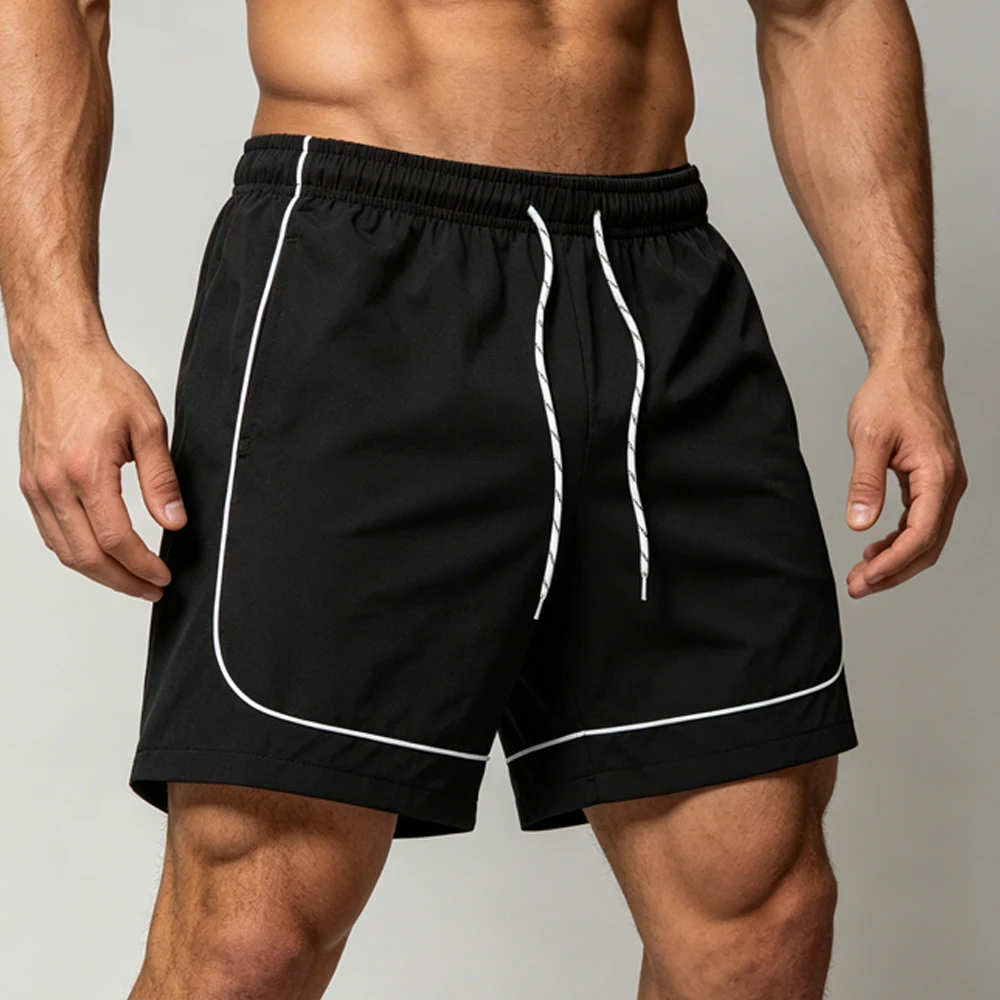 

Men’s Black Athletic Running Shorts with White Line Detail & Side Pockets Elastic Waist Drawstring Waist Summer Casual Wear