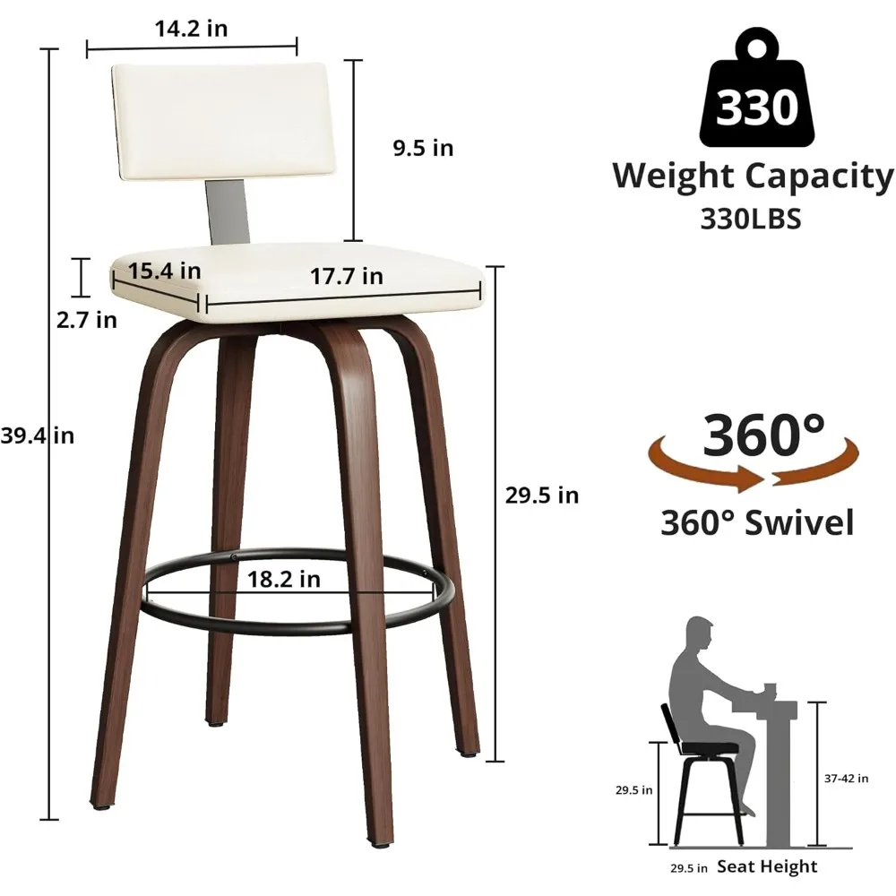 مجموعة مقاعد بار ذات ارتفاع مضاد مكونة من 2، مقاعد منجدة من الجلد الصناعي مقاس 29 بوصة مع ظهر، ومسند للقدمين، وأرجل منحنية ذات ملمس خشبي،