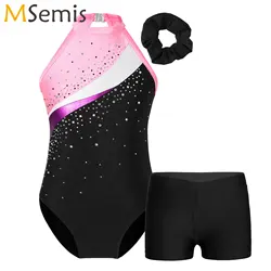 Meninas Sem Mangas Strass Ballet Leotards, Bodysuit Ginástica com Shorts, Conjunto Inferior, Desempenho de Palco, Workout Dance Wear