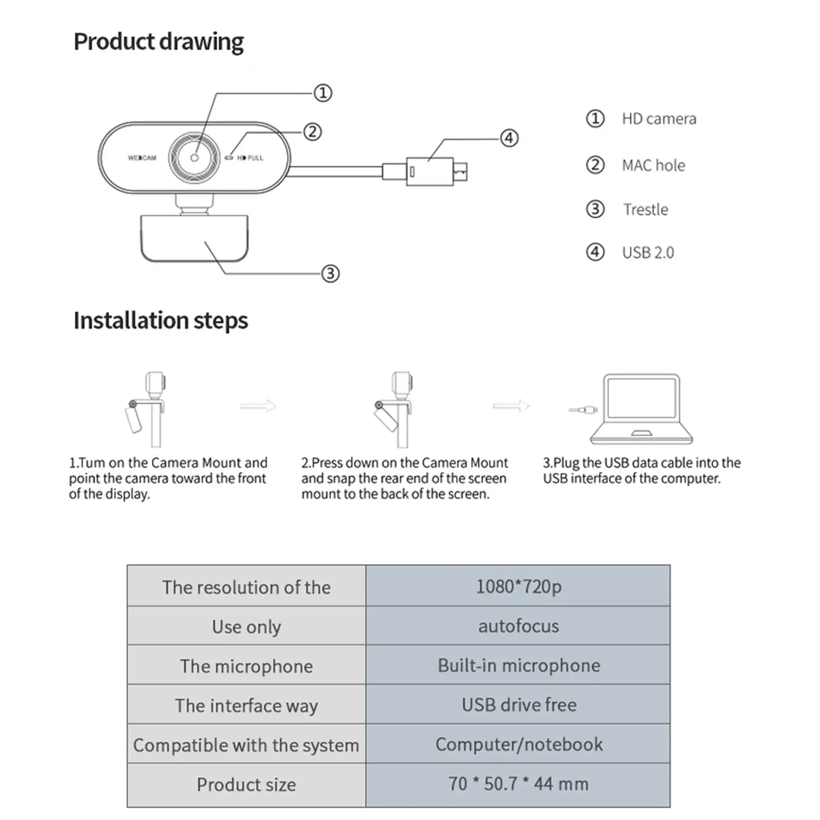 Computer Webcam 1080P Wide Angle Rotatable Camera with Built-in Mic for Video Conference and Chat