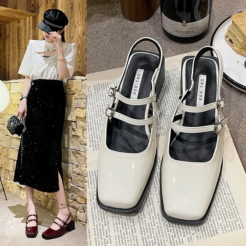 2024 Summer Design Women Sandal Fashion Narrow Band Dress Square Heel Shoes Ladies Outdoor Patent Leather Mary Jane Shoes