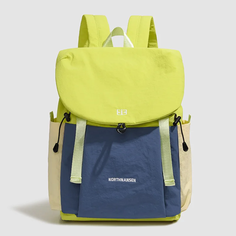 Women Color Block Drawstring Flap Backpack Lightweight Nylon Large Capacity School Backpack Casual Student Travel Outdoor Bag