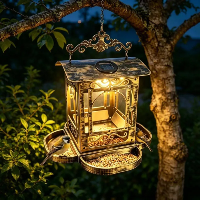 AB66-Solar Powered Bird Feeders For Outdoors-Metal Hanging Design, Rust Resistant, Garden Lighting For Outdoor Decoration