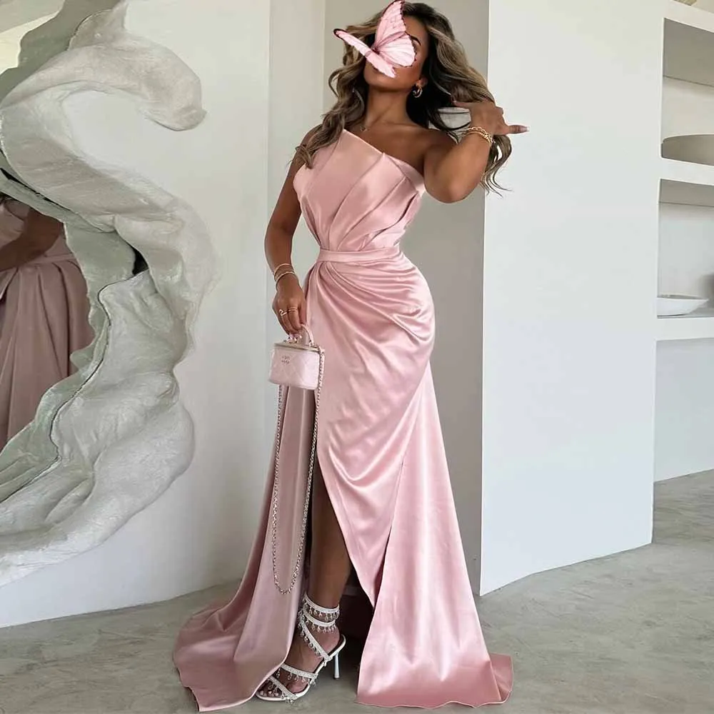 

Sexy Evening Dresses 2025 Satin Sheath/Column Prom Dress Pink Strapless Pleat Tiered Side Split Birthday Party Gown Long